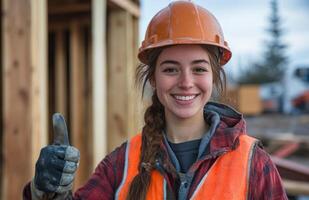Young female construction worker giving thumbs up near a newly built house photo