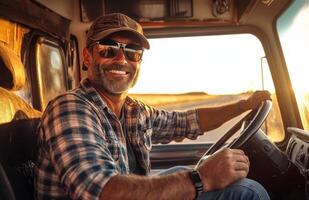Truck Driver in Sunglasses Enjoying Break Inside Big Rig Cab photo