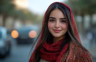 Smiling Young Woman with Long Hair and Red Scarf in the Streets photo