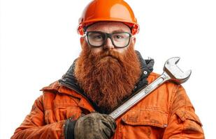 A man with a beard and glasses holding a wrench photo