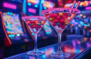 Two martini glasses with colorful candy on the bar photo
