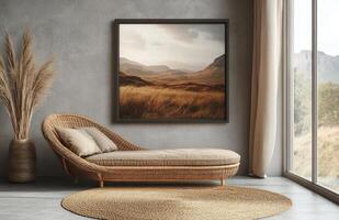 Framed Scottish Moorland Poster Above Wicker Lounge in Natural Light photo