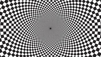 Optical checkered spiral illusion background. Magic swirl illusions card. vector