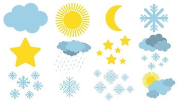 Cute weather phenomena set - clouds, thunderstorm, snow, rain, sun and crescent moon. Cartoon forecast symbols isolated on white background. vector