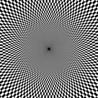 Optical checkered spiral illusion. Magic psychedelic pattern, swirl illusions and hypnotic abstract card. vector