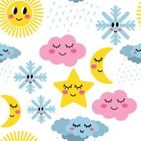 Cartoon funny weather seamless pattern. Emotional weather. Clouds, rain, sun, moon, star, snowflakes in kawaii style with smiling face. Texture with cute forecast. vector