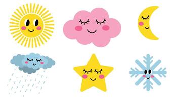 Cute cartoon Sun, and Moon, Star and Cloud, Snowflake in childlike style with Different Facial Expressions. Weather symbols for kids. vector