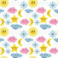 Cartoon funny weather seamless pattern. Emotional weather. Clouds, rain, sun, moon, star, snowflakes in kawaii style with smiling face. vector