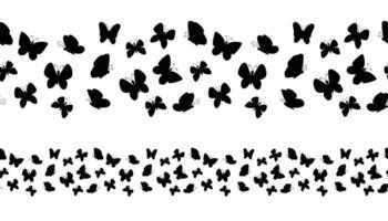 Cute black silhouette of spring or summer butterflies seamless border isolated on white background. Summer flying insects design element. vector