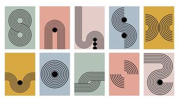 Set of abstract contemporary mid century posters with striped geometric shapes. Design with Bauhaus lines for background, wall decor, card, branding. Modern boho minimalist art. vector