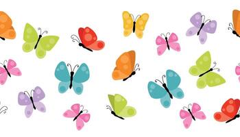 Cute colorful spring or summer butterflies seamless border isolated on white background. Summer flying insects design element. vector