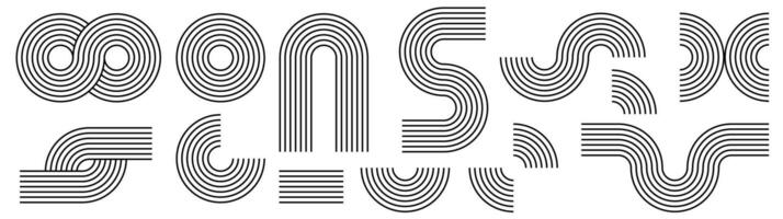 Set of Midcentury modern minimalist shape. Abstract contemporary aesthetic design elements collection. Striped thin line geometric shapes. vector