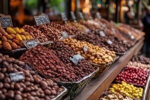 Market stall displaying various nuts, cocoa beans and dried fruits, offering a colorful and tempting selection photo