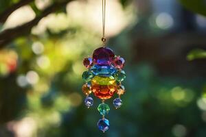 Rainbow crystal ornament hanging outdoors, sparkling in sunlight photo