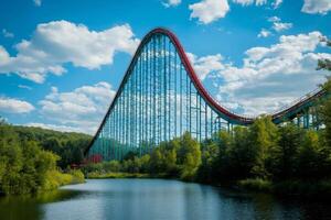 Red rollercoaster track climbing high in amusement park with lake and green trees photo