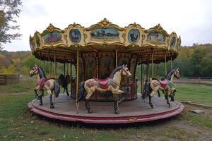 Vintage carousel with horses in autumnal park setting photo