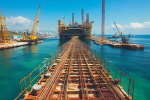 Rusty temporary jetty leading to offshore oil rig platform under construction photo