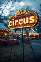 Illuminated circus sign stands tall against twilight sky photo