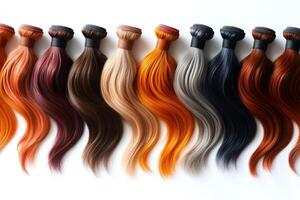 Colorful hair extensions showing a gradient of warm and cold colors lying on a white background photo