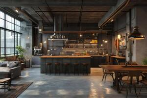 Modern industrial style kitchen and living room open space featuring exposed pipes and concrete photo