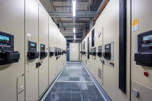 Electrical panels distributing power in server room with metal floor photo