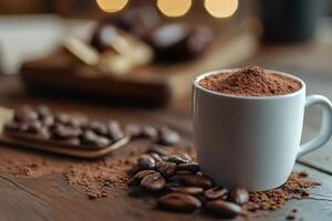 Cocoa powder in a white mug with cocoa beans on a wooden table photo