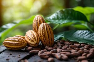 Fresh cocoa pods and beans with leaves on wooden table in the sunlight photo