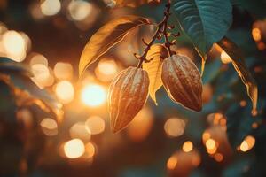 Cacao pods growing on a cacao tree at sunset with bokeh effect photo