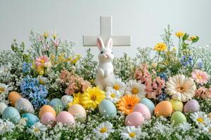 Pascua de Resurrección conejito en pie cerca cruzar rodeado por vistoso huevos y primavera flores foto