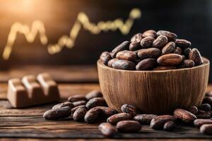 Cocoa beans and chocolate with stock market chart showing rising prices photo