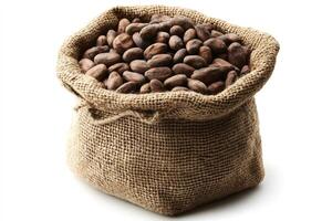Burlap sack overflowing with aromatic cocoa beans on white background photo