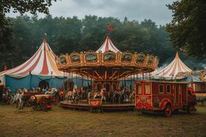 Vintage carousel and tents illuminating amusement park at dusk photo