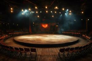 Empty theatre stage illuminated by spotlights waiting for the show to begin photo