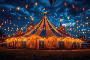 Illuminated circus tent glowing at twilight, inviting spectators photo