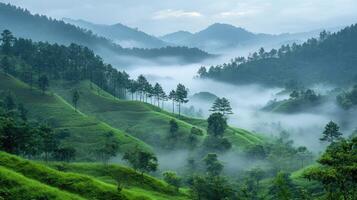 Fog is covering green hills and trees in a peaceful valley photo