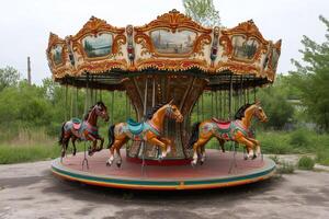 Vintage carousel horses waiting in abandoned amusement park photo