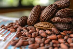Cocoa beans and dried cocoa pods resting on financial newspaper suggesting market analysis photo