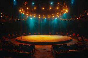 Empty round stage illuminated with spotlights and string lights awaiting performers photo