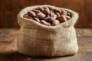 Burlap sack overflowing with aromatic cocoa beans on rustic wooden table photo