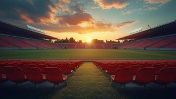 Empty stadium with red seats at sunset awaits sporting event photo