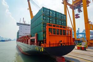 Container ship docking at a busy port with cranes loading cargo photo