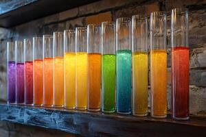 Test tubes filled with colorful liquids creating a rainbow effect on a shelf photo