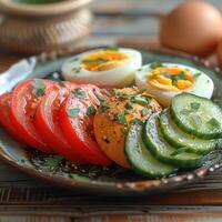 A close-up view of a plate with sliced tomatoes, cucumbers, and boiled eggs photo
