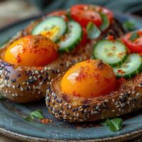 Close-up of two eggs baked in toasted bread with cucumber and tomato slices photo