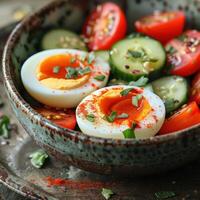 Close-up of a bowl of sliced eggs, tomatoes, and cucumbers photo