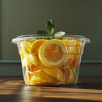 A clear container holds lemon slices and a sprig of green photo