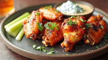 Delicious buffalo wings with a side of celery and blue cheese dip photo