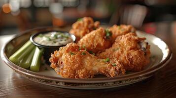 Close-up of fried chicken wings with dipping sauce and celery photo