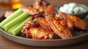 Close-up of chicken wings with a creamy dip and celery sticks photo