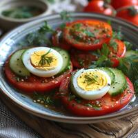 A refreshing salad with sliced tomatoes, cucumbers, and eggs photo